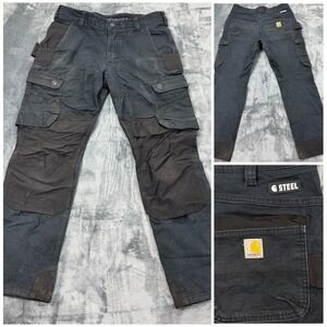Carhartt Steel Fade Thrashed Distressed Double Knee Cargo Work Pants 32X30 Black